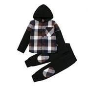 Younger Tree Boy Clothes Hoodie Sweatsuit Outfits Kids Flannel Plaid Shirt Top Pants Set for Fall Winter Spring for 5-6T