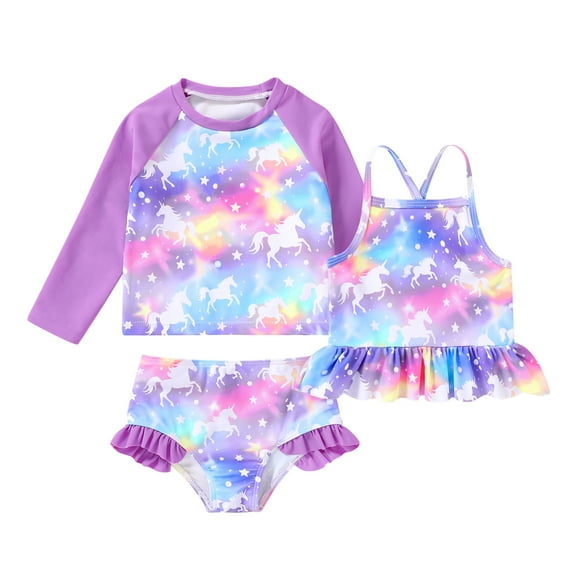 Younger Tree Girl 3-Piece Rashguard Swimsuit Set Baby Cute Long Sleeve Top Sling Vest Bikini Swim Suits for 18-24 Months