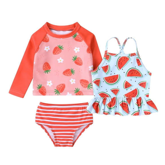 Younger Tree Girl 3-Piece Rashguard Swimsuit Set Baby Cute Long Sleeve Top Sling Vest Bikini Swim Suits for 18-24 Months