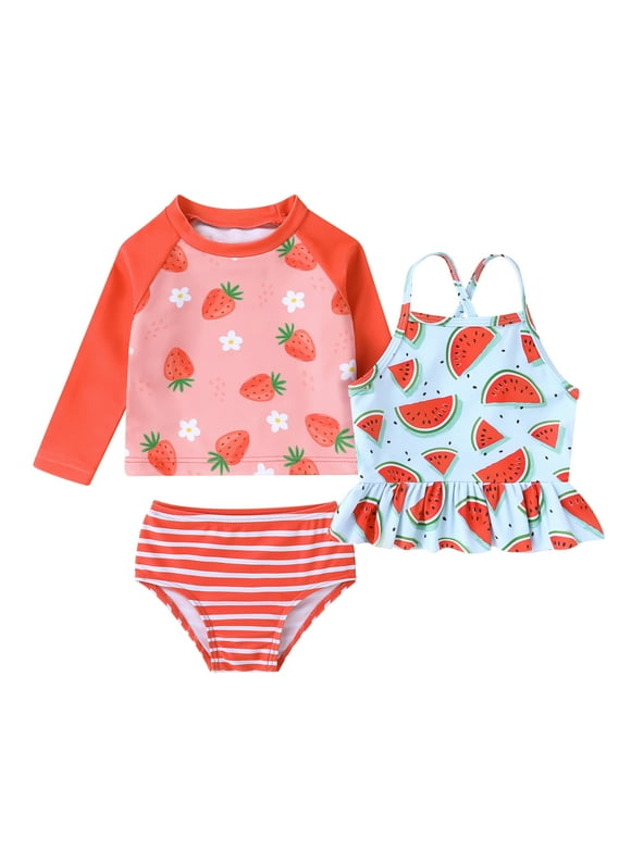 Girl 3-Piece Rashguard Swimsuit Set Baby Cute Long Sleeve Top Sling Vest Bikini Swim Suits for 18-24 Months