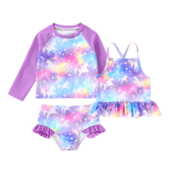 Younger Tree Girl 3-Piece Rashguard Swimsuit Set Baby Cute Long Sleeve Top Sling Vest Bikini Swim Suits for 2-3T