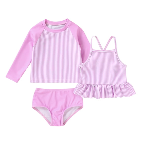 Younger Tree Girl 3-Piece Rashguard Swimsuit Set Baby Cute Long Sleeve Top Sling Vest Bikini Swim Suits for 3-4T