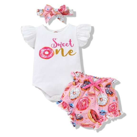 Younger Tree Infant Baby Girl My 1st Birthday Outfits Set Toddler Summer Romper Shorts Headband Clothes for 6-12 Months