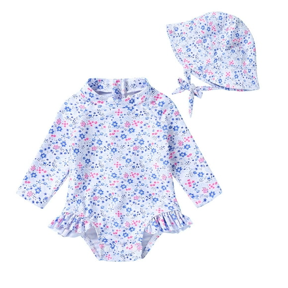 Younger Tree Infant Baby Girl One-Piece Swimsuit Long Sleeve Rash Guard Swimwear Hat Bathing Suit Set for 3-6 Months