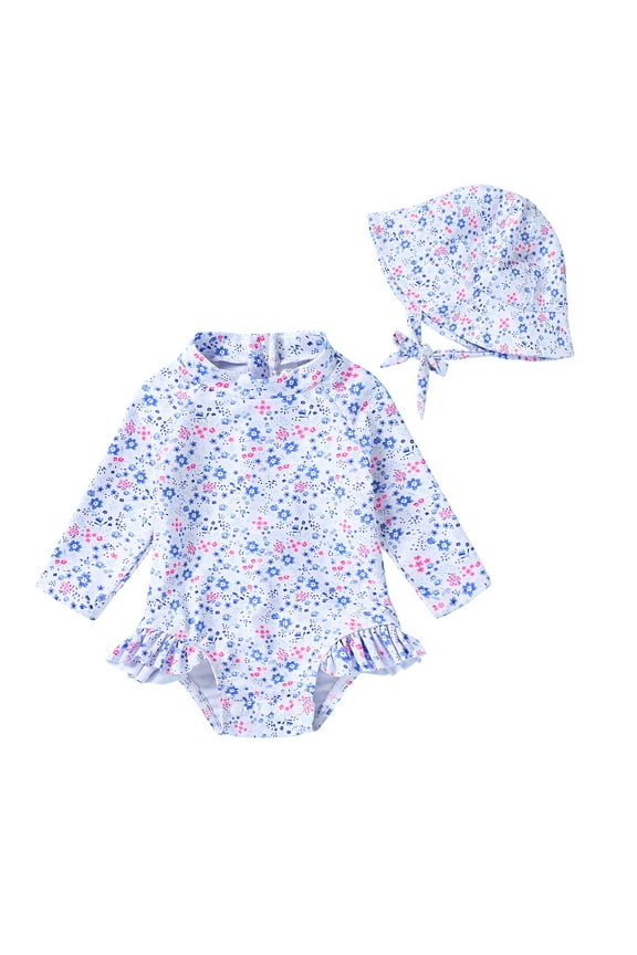 Infant Baby Girl One-Piece Swimsuit Long Sleeve Rash Guard Swimwear Hat Bathing Suit Set for 3-6 Months