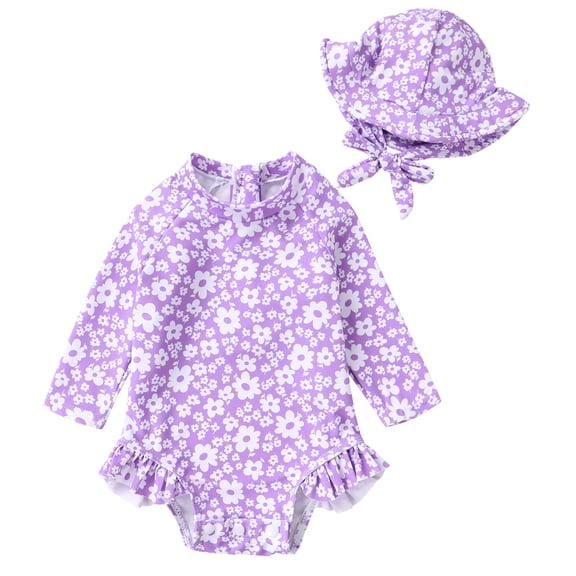 Younger Tree Infant Baby Girl One-Piece Swimsuit Long Sleeve Rash Guard Swimwear Hat Bathing Suit Set for 3-6 Months