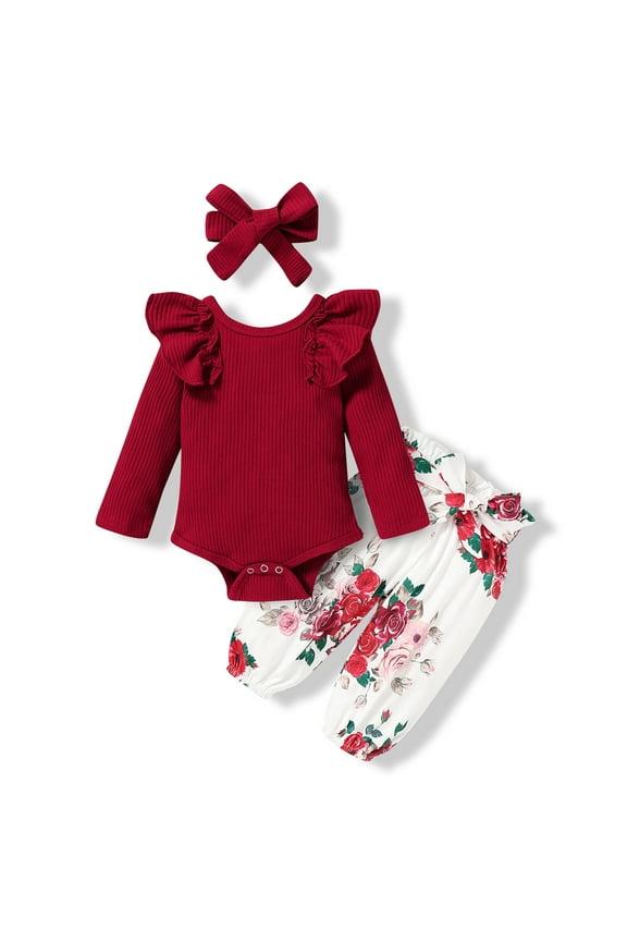 Infant Toddler Baby Girl Fall Long Sleeve Romper Pants Headband Clothes Outfits for 6-12 Months