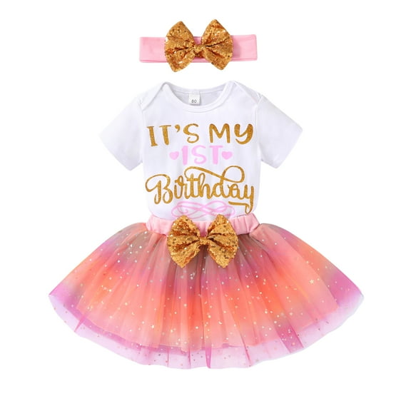 Younger Tree It's My 1st Birthday Dress Infant Pink Shiny Printed Sequin Bowknot Tutu Princess Dress for Birthday Party