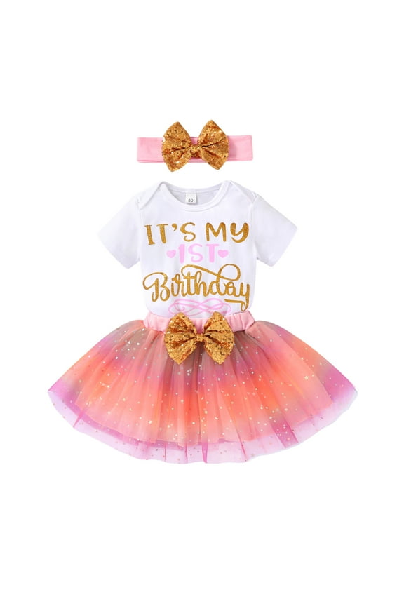 It's My 1st Birthday Dress Infant Pink Shiny Printed Sequin Bowknot Tutu Princess Dress for Birthday Party