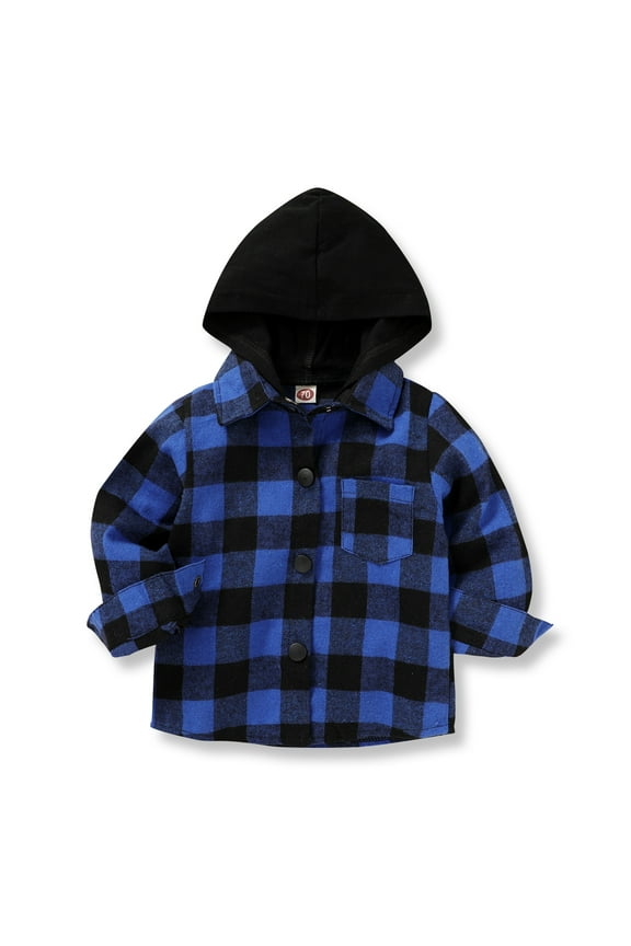 Kid Toddler Boy Flannel Shirt Baby Fall Winter Long Sleeve Hooded Plaid Button Shirt Clothes for 5-6T