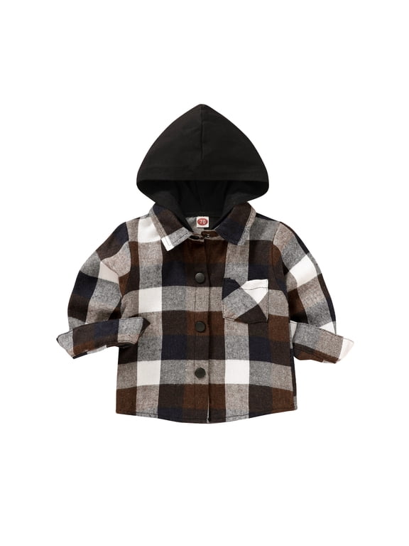 Kid Toddler Boy Flannel Shirt Baby Long Sleeve Hooded Plaid Button Shirt,Size 3 Months-6T