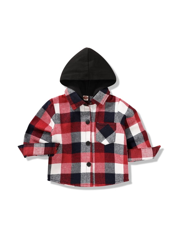 Kid Toddler Boy Flannel Shirt Baby Long Sleeve Hooded Plaid Button Shirt for 4-5 Years Old