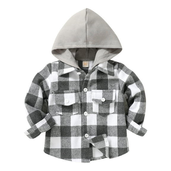 Younger Tree Kid Toddler Boy Flannel Shirt Baby Long Sleeve Hooded Plaid Button Shirt for 5-6T