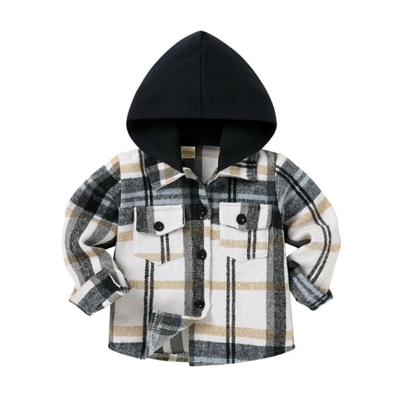 Younger Tree Kid Toddler Boy Flannel Shirt Baby Long Sleeve Hooded Plaid Button Shirt for 6-12 Months