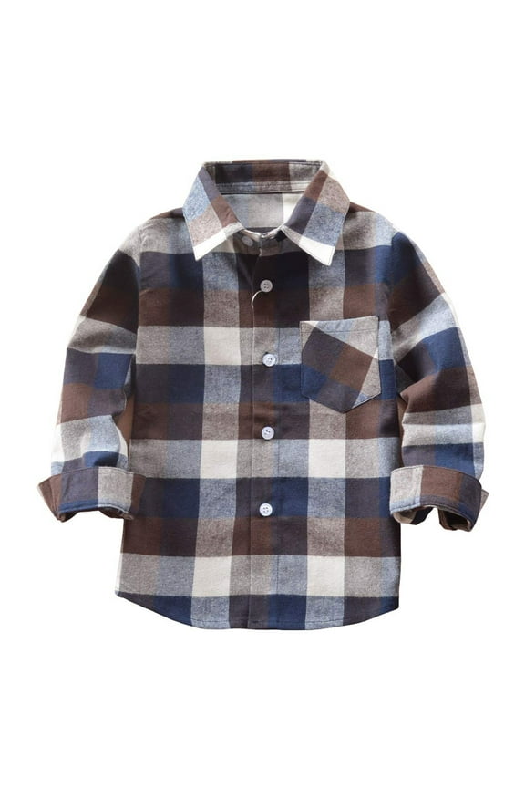 Kids Little Boys Girls Baby Long Sleeve Button Down Gray Plaid Flannel Shirt Top for 8-9T