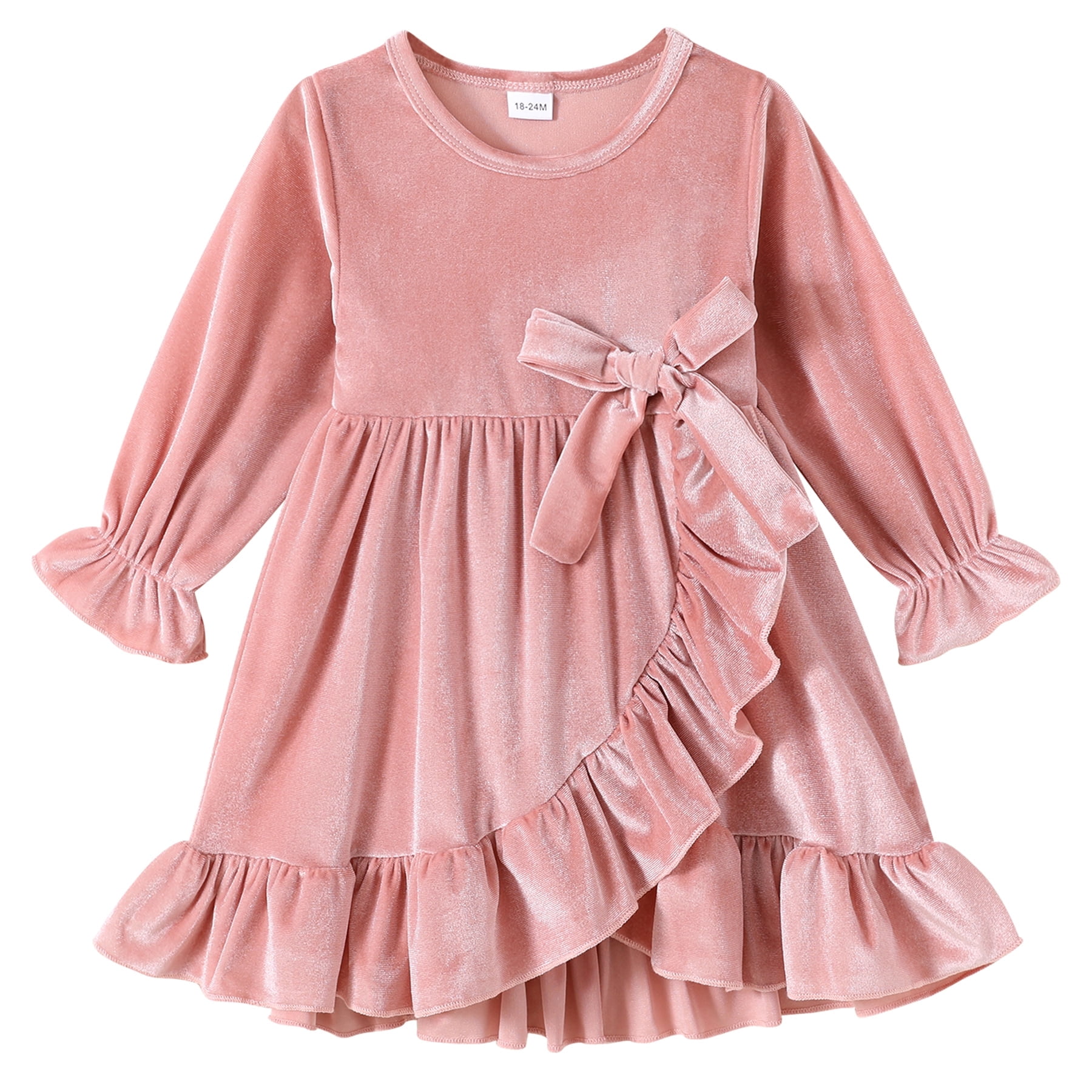 Younger Tree Kids Toddler Dress Baby Girls Fall Dresses Ruffle Long Sleeve Bowknot Casual Winter Dress for 12-18 Months, Infant Girl's, Pink