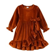YOUNGER TREE Kids Toddler Dress Baby Girls Fall Dresses Ruffle Long Sleeve Bowknot Casual Winter Dress for 2-3T