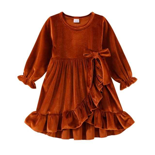 Younger Tree Kids Toddler Thanksgiving Dress Baby Girls Fall Dresses Ruffle Long Sleeve Bowknot Casual Winter Dress for 18-24 Months