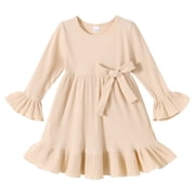 Younger Tree Kids Toddler Dress Baby Girls Fall Dresses Ruffle Long Sleeve Bowknot Casual Winter Dress for 5-6T