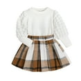 thumbnail image 1 of Younger Tree Little Girl Fall Winter Outfits Baby Puff Sleeve Sweater Woolen Plaid Pleated Skirt Clothes Set,4-5T, 1 of 7
