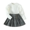 Younger Tree Little Girl Fall Winter Outfits Baby Puff Sleeve Sweater Woolen Plaid Pleated Skirt Clothes Set,Size