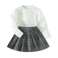 thumbnail image 1 of Younger Tree Little Girl Fall Winter Outfits Baby Puff Sleeve Sweater Woolen Plaid Pleated Skirt Clothes Set,Size 1-2T, 1 of 7