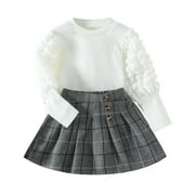 Younger Tree Little Girl Fall Winter Outfits Baby Puff Sleeve Sweater Woolen Plaid Pleated Skirt Clothes Set,Size 1-2T