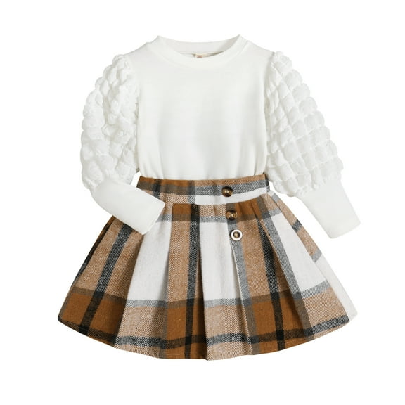 Younger Tree Little Girl Fall Winter Outfits Baby Puff Sleeve Sweater Woolen Plaid Pleated Skirt Clothes Set,Size 1-6T