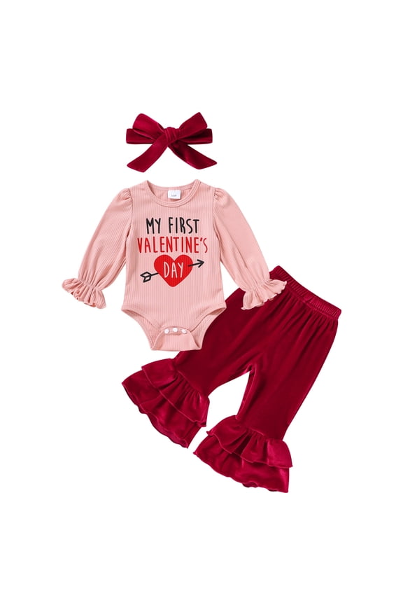 My First Valentine's Day Outfit Toddler Baby Girl Long Sleeve Romper Solid Pants Set with Headband for 12-18 Months