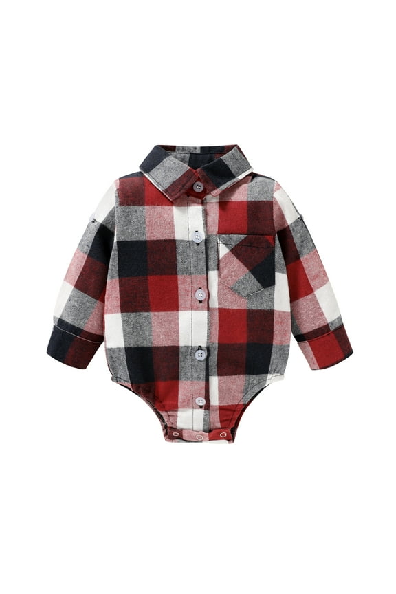 Newborn Baby Boy Girls Plaid Outfit Flannel Romper Tops Infant Long Sleeve Button Down Plaid Casual Bodysuit Clothes for 12-18 Months