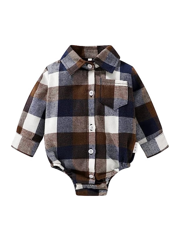 Newborn Baby Boy Girls Plaid Outfit Flannel Romper Tops Infant Long Sleeve Button Down Plaid Casual Bodysuit Clothes for 3-6 Months