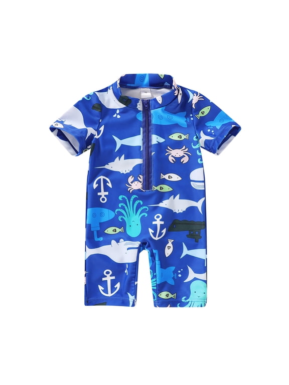 Newborn Baby Boys Swimsuit Short Sleeve Zipper One-Piece Bodysuit Sunsuit Swimwear Bathing Suit for 0-3 Months