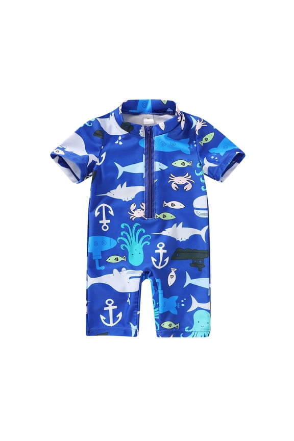Newborn Baby Boys Swimsuit Short Sleeve Zipper One-Piece Bodysuit Sunsuit Swimwear Bathing Suit for 2-3T