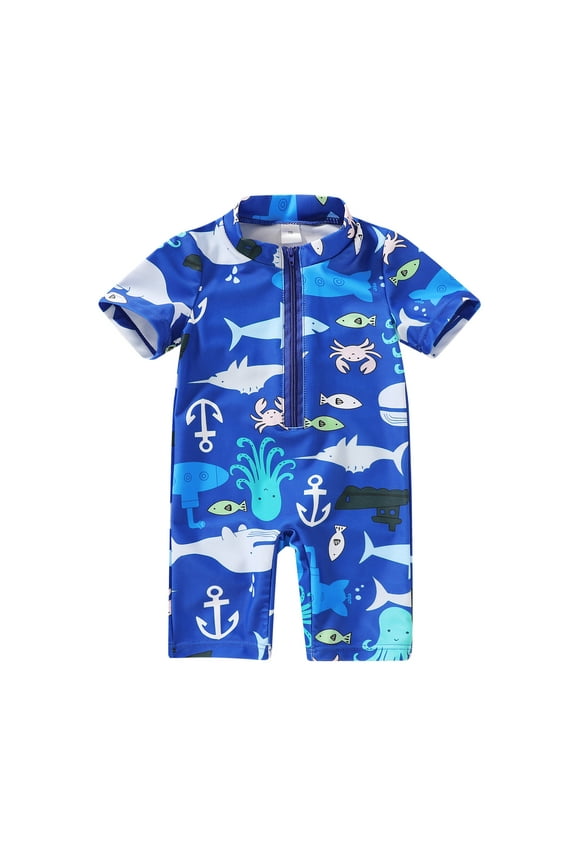 Newborn Baby Boys Swimsuit Short Sleeve Zipper One-Piece Bodysuit Sunsuit Swimwear Bathing Suit for 6-12 Months