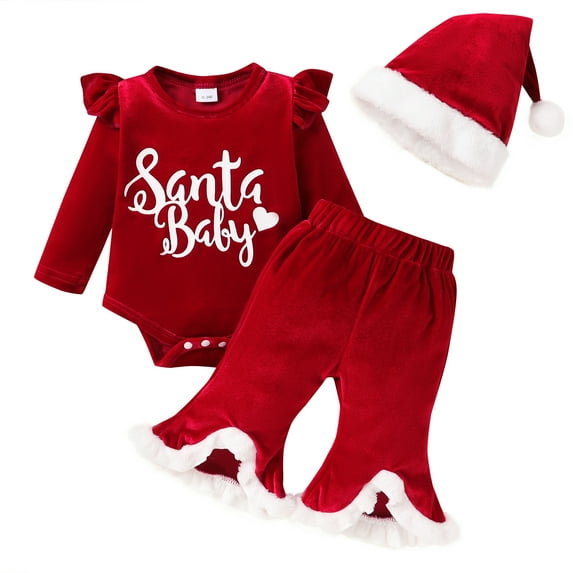 Younger Tree Newborn Baby Girl Christmas Outfits Toddler Red Santa Long Sleeve Romper Pants Hat Clothes Set for 3-6 Months