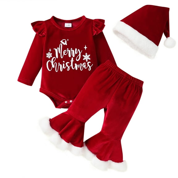 Younger Tree Newborn Baby Girl Christmas Outfits Toddler Santa Long Sleeve Romper Pants Hat Clothes 3pcs Set for 18-24 Months