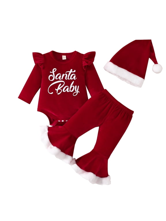 Newborn Baby Girl Christmas Outfits Toddler Santa Long Sleeve Romper Pants Hat Clothes Set,Size 0-18 Months
