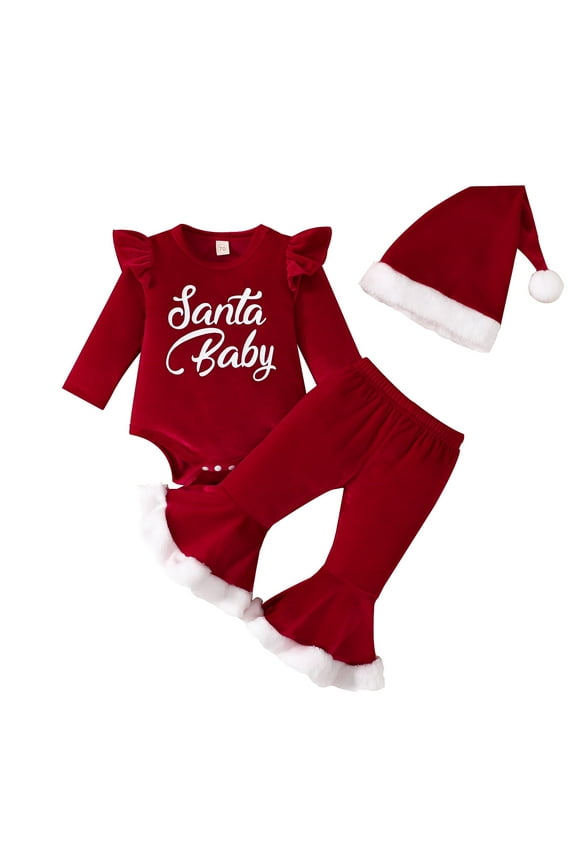 Newborn Baby Girl Christmas Outfits Toddler Santa Long Sleeve Romper Pants Hat Clothes Set,Size 0-18 Months