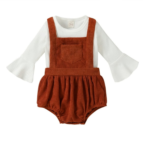 Younger Tree Newborn Baby Girl Clothes Bell Sleeve Romper and Corduroy Overalls Shorts Infant Girl Fall Outfits for 3-6 Months