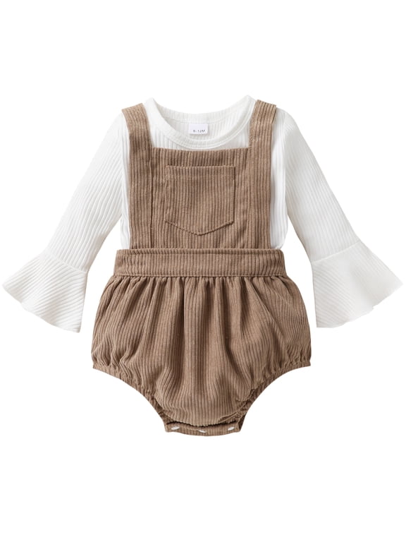 Newborn Baby Girl Clothes Bell Sleeve Romper and Corduroy Overalls Shorts Infant Girl Fall Outfits for 6-12 Months