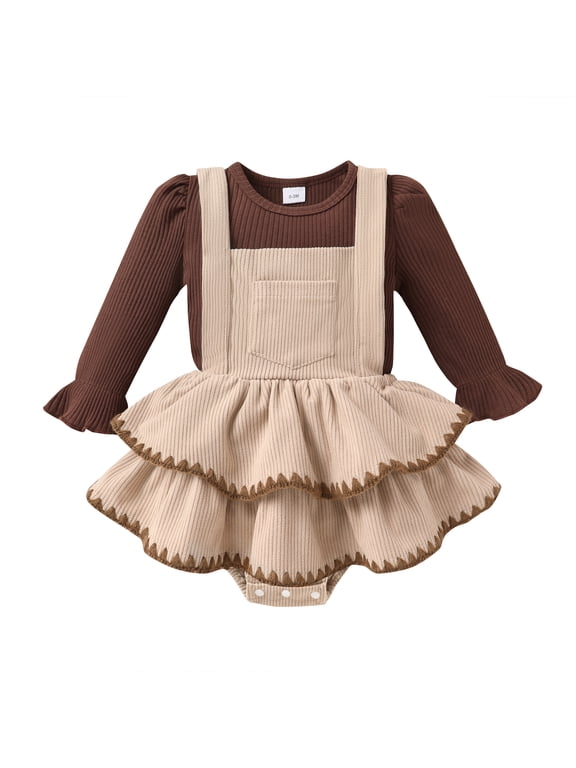 Newborn Girl Fall Winter Outfit Baby Long Sleeve Romper Corduroy Overall Dress Clothes Sets for 12-18 Months