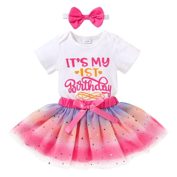 Younger Tree Newborn Baby Girls My 1st Birthday Dress Infant Pink Shiny Printed Sequin Bowknot Tutu Princess Dress for 12-18 Months