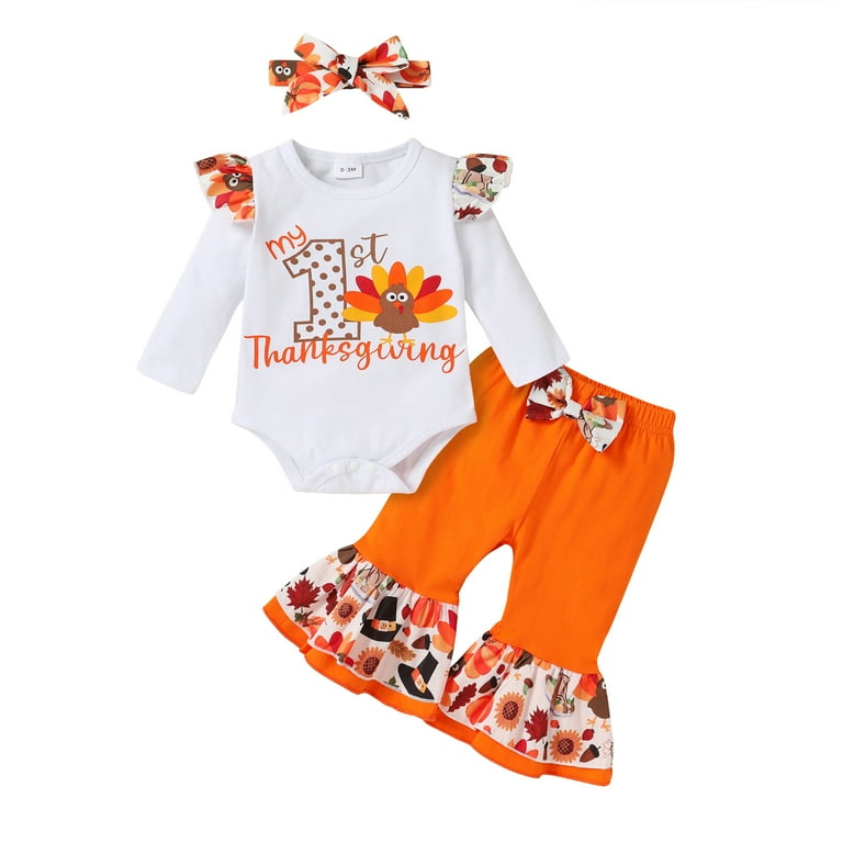Younger Tree Thanksgiving Baby Girl Outfit My 1st Thanksgiving Romper Turkey Flared Pants Headband 3Pcs Clothes Set for 9 12 Months