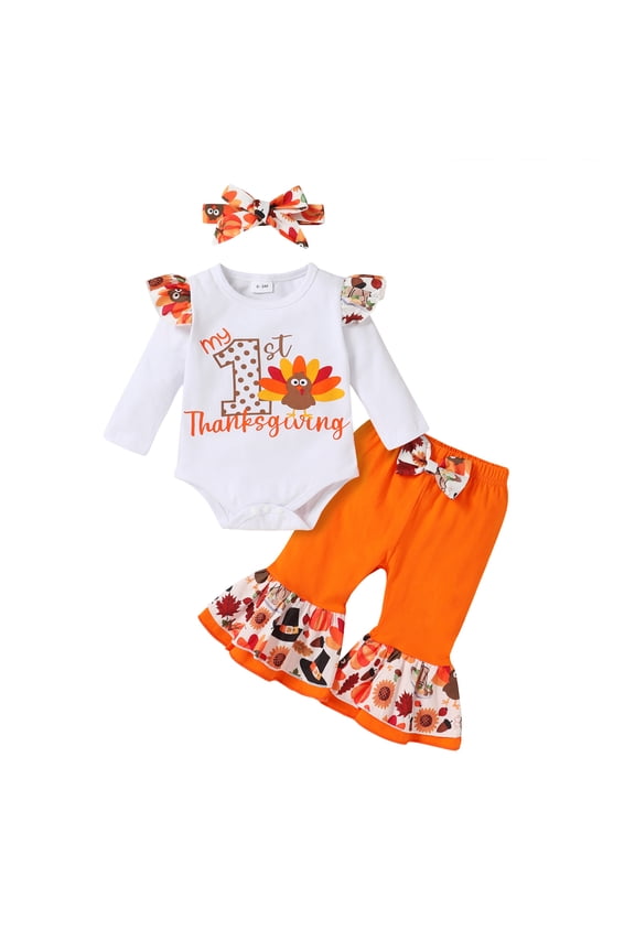 Thanksgiving Baby Girl Outfit My 1st Thanksgiving Romper Turkey Flared Pants+Headband 3Pcs Clothes Set for 9-12 Months