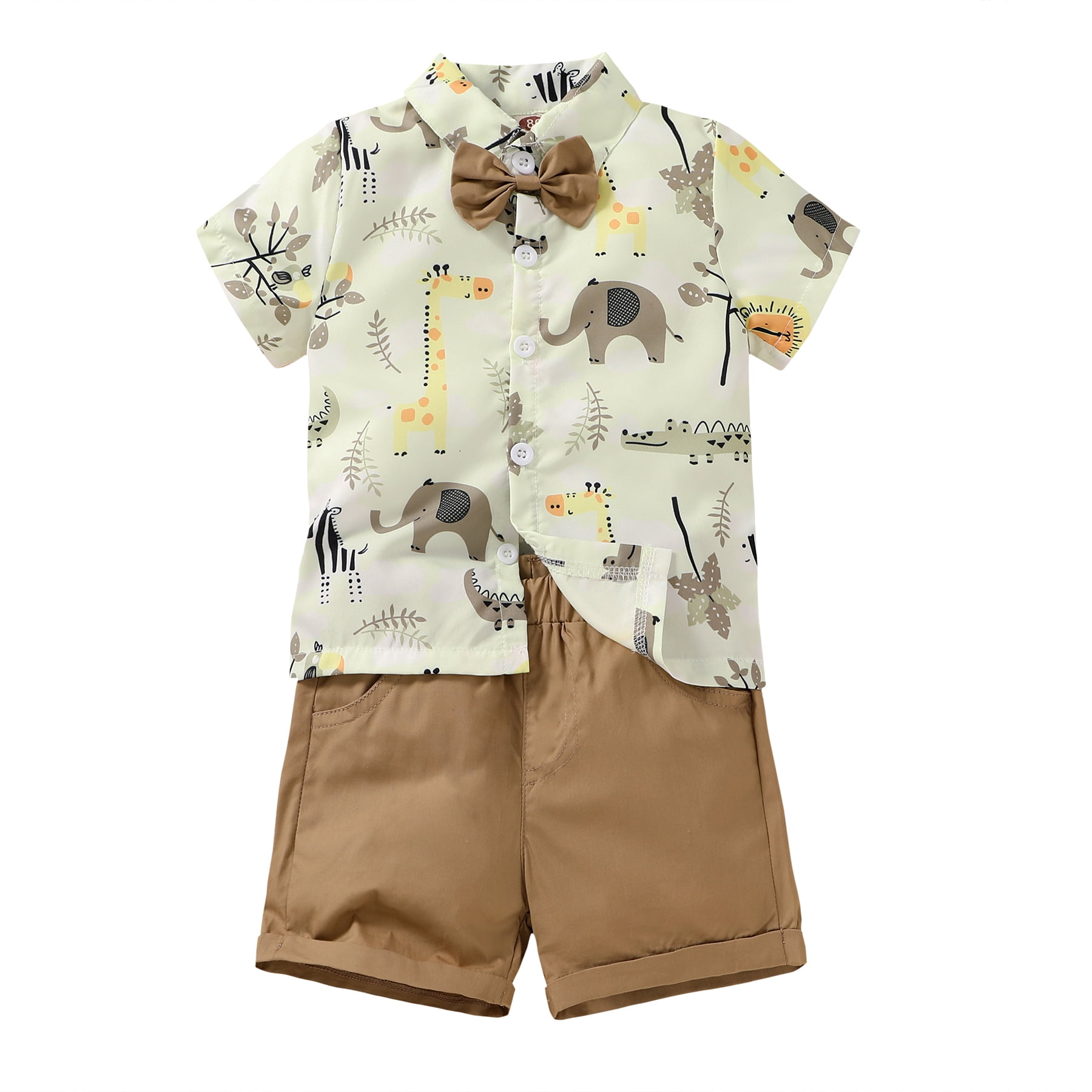 2pcs Toddlr Boy Playful Dinosaur Print Lapel Collar Bow tie Design Shirt and Suspender Shorts Set