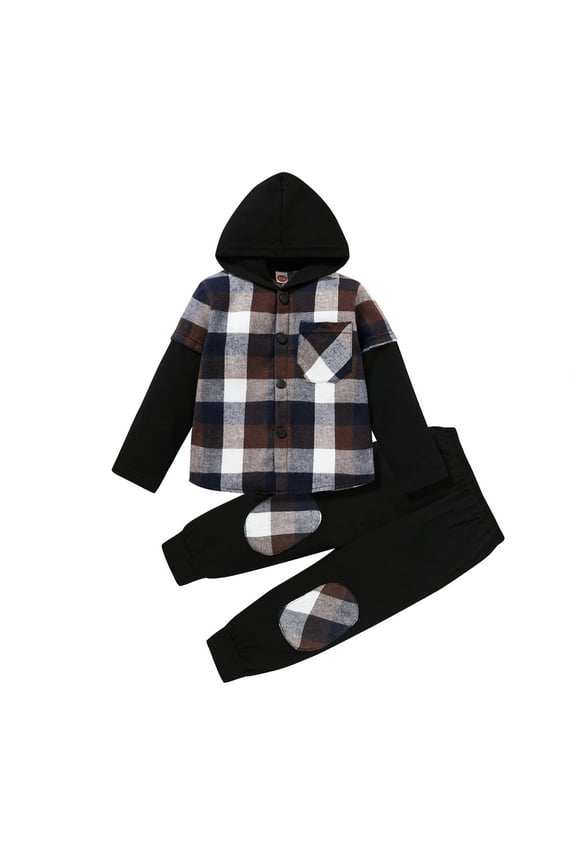 Toddler Baby Boy Clothes Hoodie Sweatsuit Outfits Kids Winter Flannel Plaid Shirt Top Pants Set for 2-3T