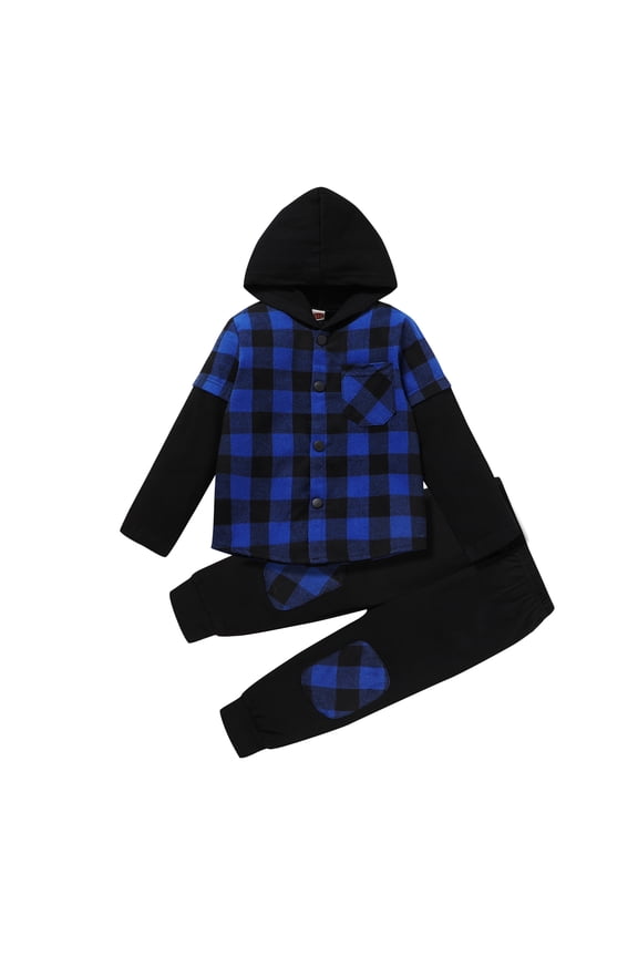 Toddler Baby Boy Clothes Hoodie Sweatsuit Outfits Kids Winter Flannel Plaid Shirt Top Pants Set for 6-7T