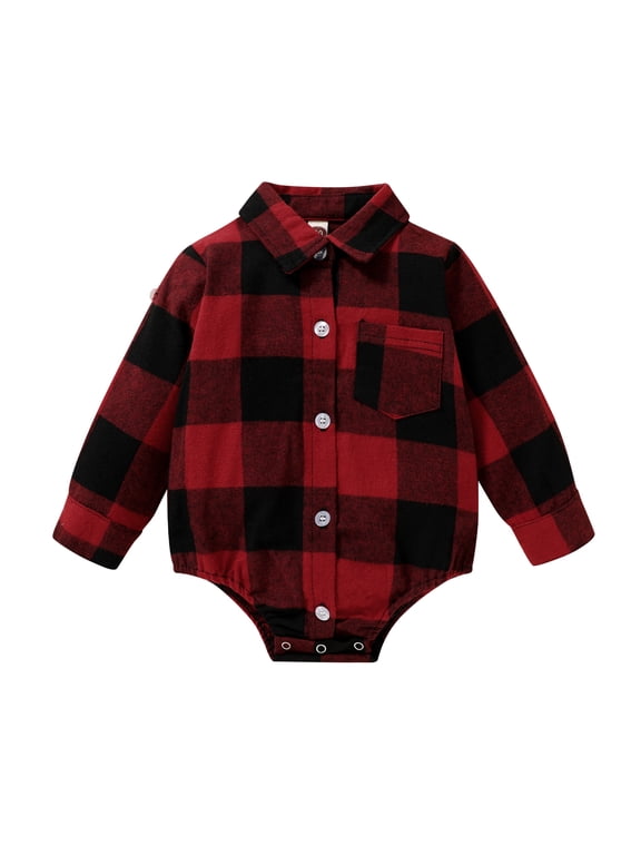 Toddler Baby Boy Girl Flannel Shirt Newborn Long Sleeve Plaid Bodysuit Clothes,Size 0-18 Months