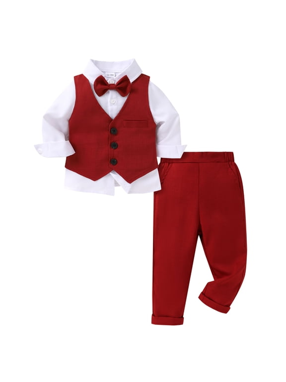 Toddler Boy Suit Set Gentleman Wedding Outfits Baby Christmas Long Sleeve Formal Dress 4-Piece Outfits for 2-3T