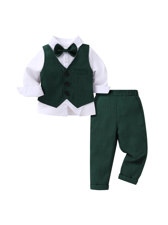 Toddler Boy Suit Set Gentleman Wedding Outfits Baby Christmas Long Sleeve Formal Dress 4-Piece Outfits for 3-4T